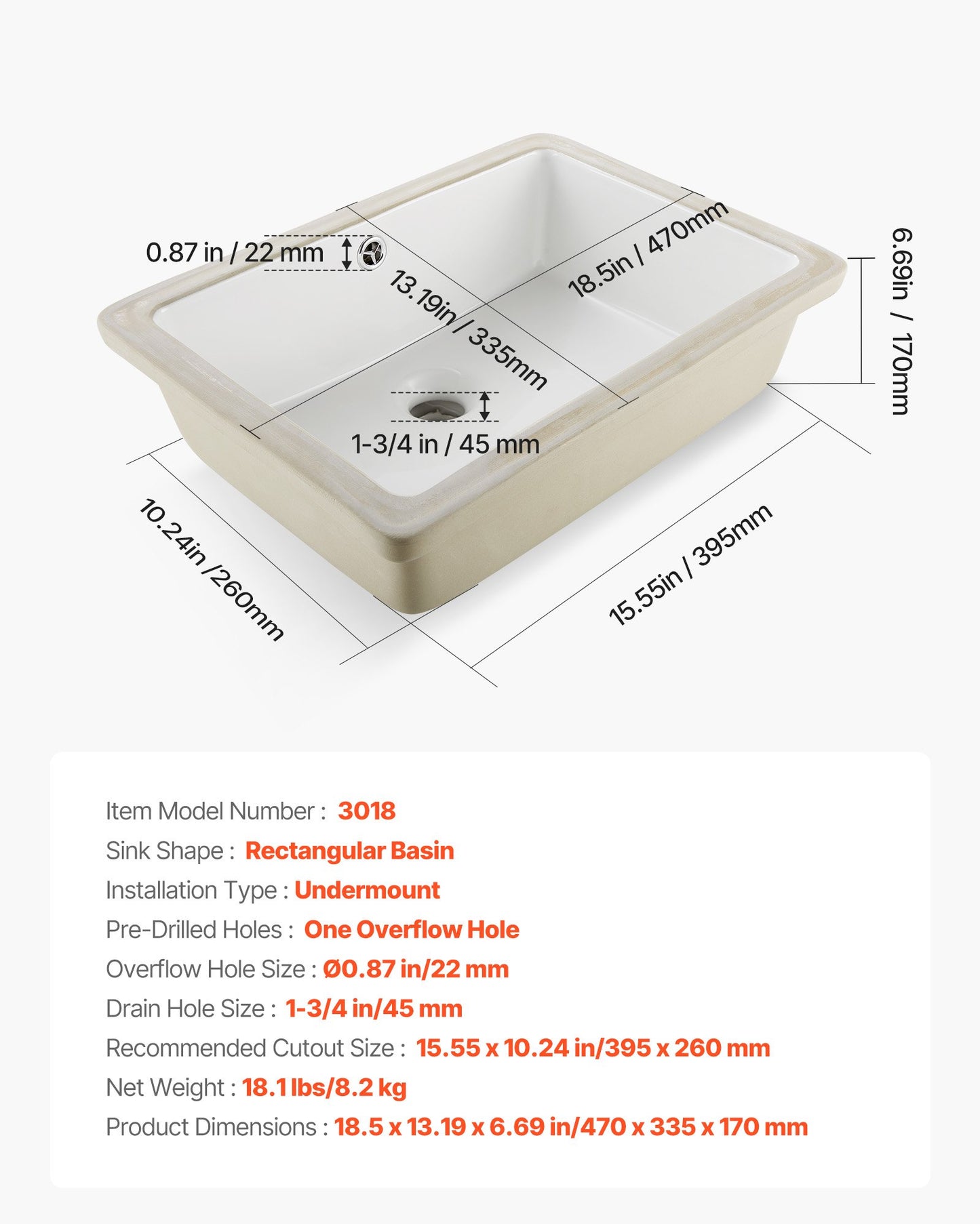 Undermount Bathroom Sink, 470 x 335 mm Rectangular White Ceramic Vessel Sink with Overflow Hole, Under Counter Drop in Modern Lavatory Vanity Bath Wash Bowl Basin, Rectangle for Small Space