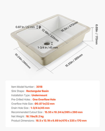 Undermount Bathroom Sink, 470 x 335 mm Rectangular White Ceramic Vessel Sink with Overflow Hole, Under Counter Drop in Modern Lavatory Vanity Bath Wash Bowl Basin, Rectangle for Small Space
