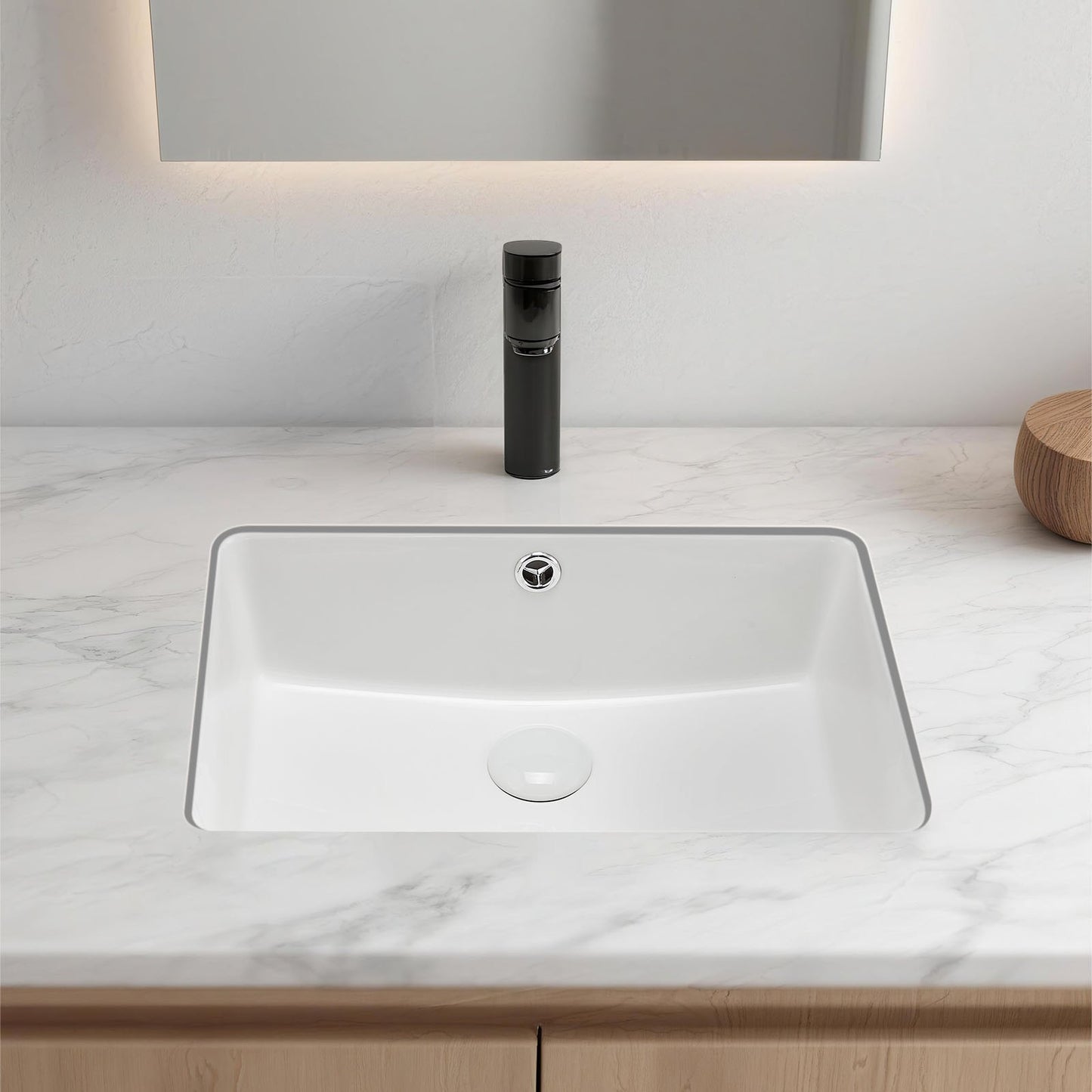 Undermount Bathroom Sink, 470 x 335 mm Rectangular White Ceramic Vessel Sink with Overflow Hole, Under Counter Drop in Modern Lavatory Vanity Bath Wash Bowl Basin, Rectangle for Small Space