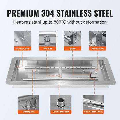 VEVOR 24 x 8 inch Drop-in Fire Pit Pan, Rectangular Stainless Steel Fire Pit Burner