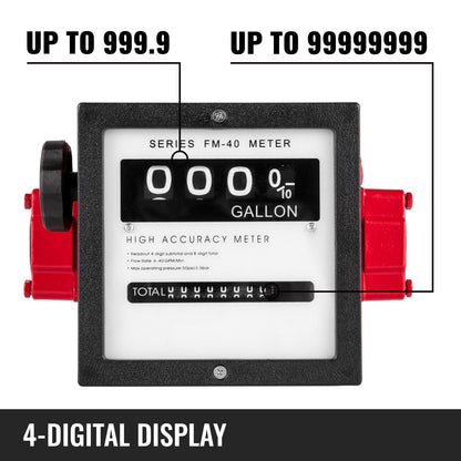 Mechanical Fuel Flow Meter, 40 GPM, 4-Digit Display, 1m Diameter, Multi-Fuel Use