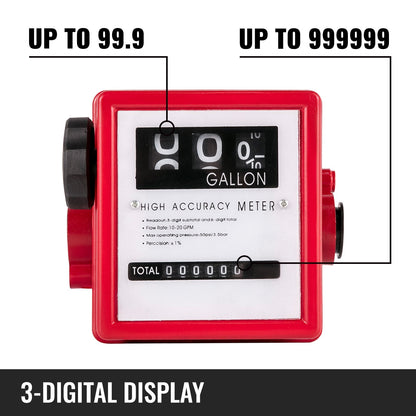 Mechanical Fuel Flow Meter with 3-Digit Display, 0.0254 m, 20 GPM, Aluminum Alloy