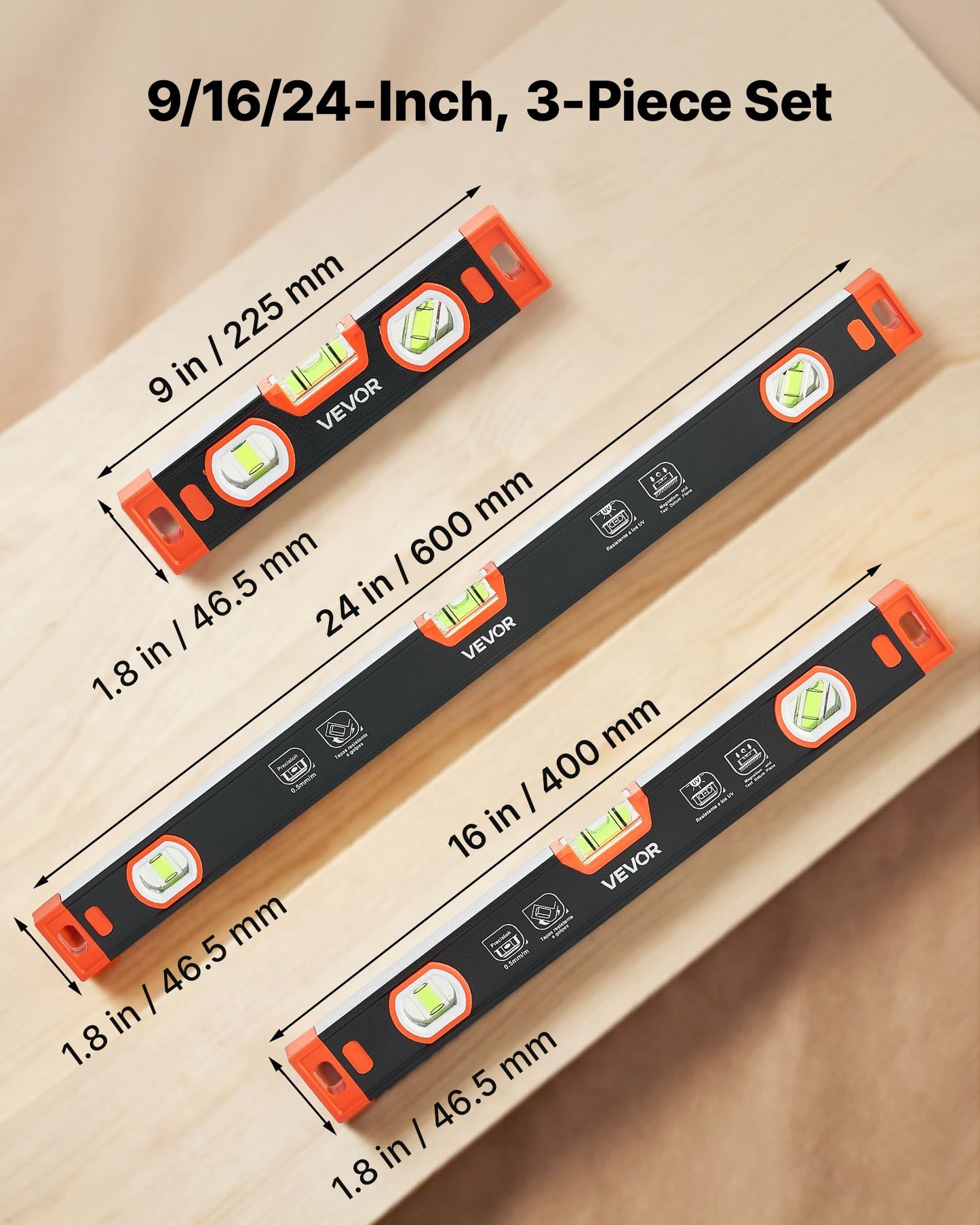 Torpedo Level, 3-Piece (225/400/600 mm), Magnetic Leveler Tool Set Aluminum Alloy, with Clear 3 Green Vials, V-Groove, Hanging Hole, Multi-angle Measurement for Construction Home Renovation