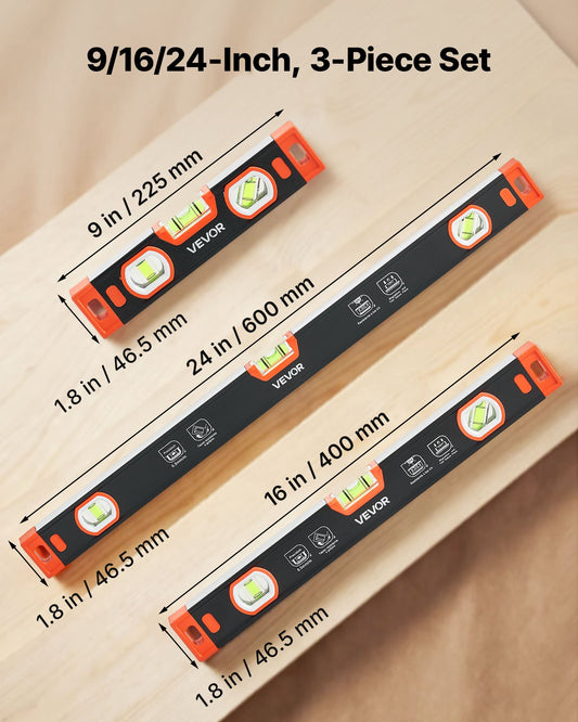 Torpedo Level, 3-Piece (225/400/600 mm), Magnetic Leveler Tool Set Aluminum Alloy, with Clear 3 Green Vials, V-Groove, Hanging Hole, Multi-angle Measurement for Construction Home Renovation