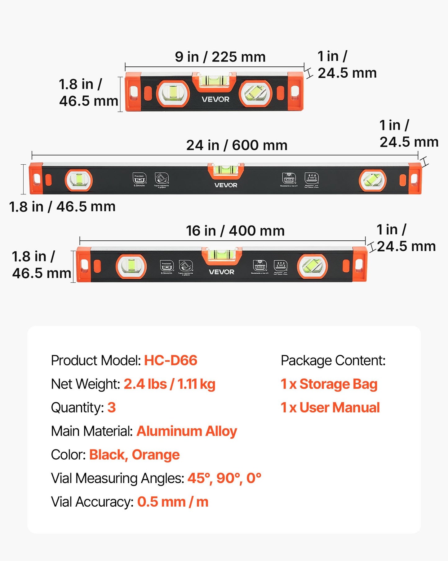 Torpedo Level, 3-Piece (225/400/600 mm), Magnetic Leveler Tool Set Aluminum Alloy, with Clear 3 Green Vials, V-Groove, Hanging Hole, Multi-angle Measurement for Construction Home Renovation