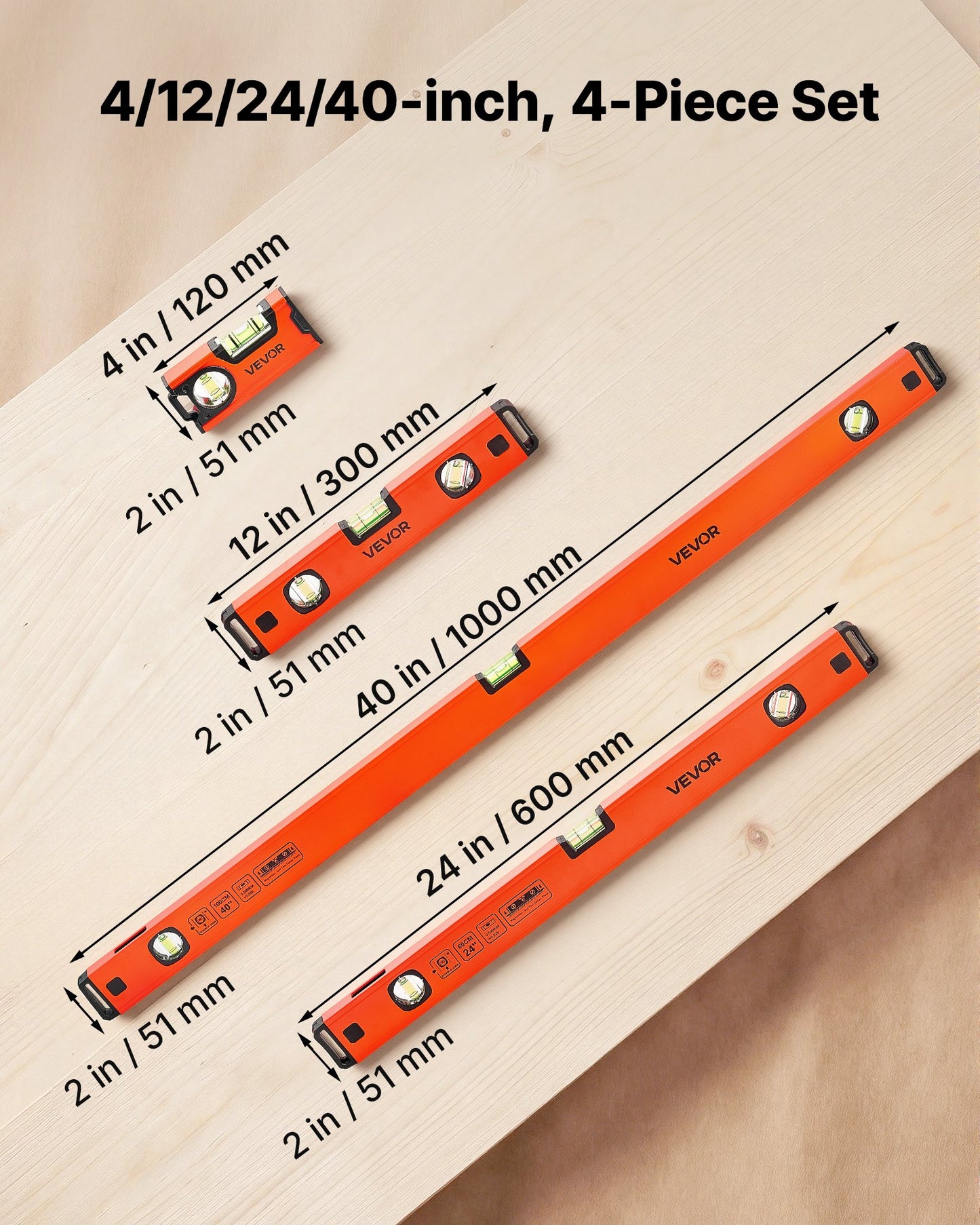 Torpedo Level, 4-Piece (120/300/600/1000 mm), Magnetic Leveler Tool Set Aluminum Alloy, with Clear 3 Green Vials, Hanging Hole, Box Beam Multi-angle Measurement for Construction Home Renovation