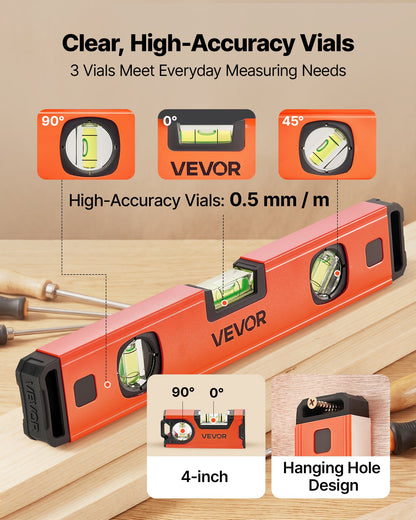 Torpedo Level, 4-Piece (120/300/600/1000 mm), Magnetic Leveler Tool Set Aluminum Alloy, with Clear 3 Green Vials, Hanging Hole, Box Beam Multi-angle Measurement for Construction Home Renovation