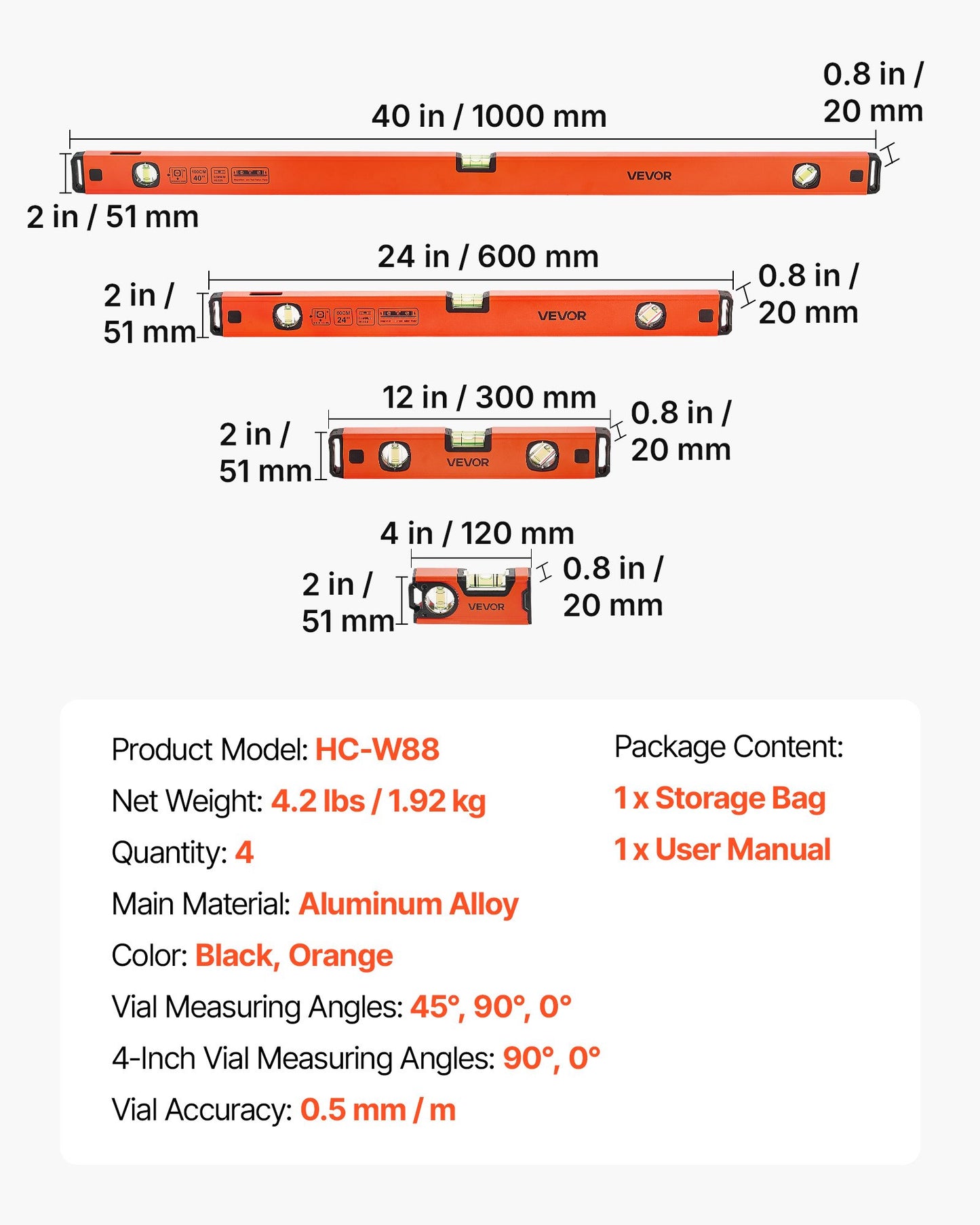 Torpedo Level, 4-Piece (120/300/600/1000 mm), Magnetic Leveler Tool Set Aluminum Alloy, with Clear 3 Green Vials, Hanging Hole, Box Beam Multi-angle Measurement for Construction Home Renovation