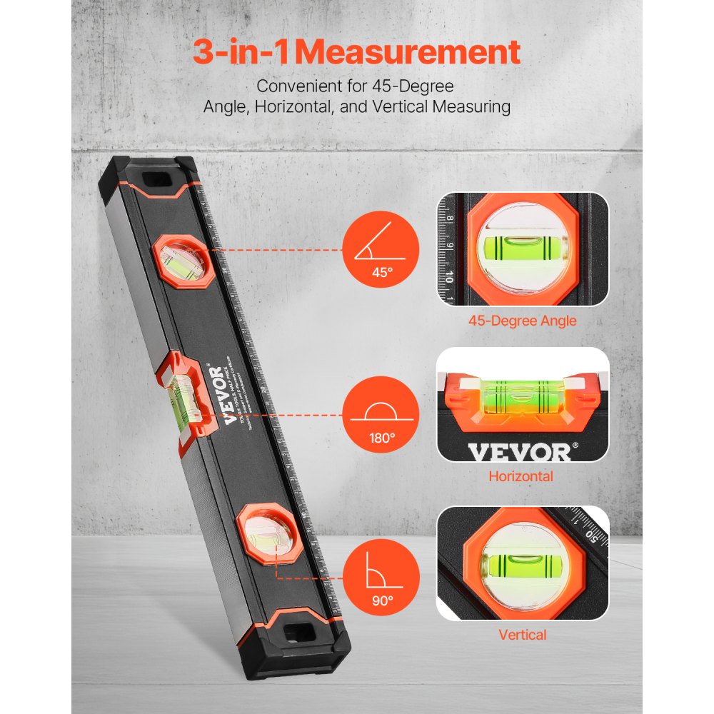 VEVOR 4-Piece Torpedo Level Aluminum Alloy 1200/600/400/250 mm with Bubble Vials