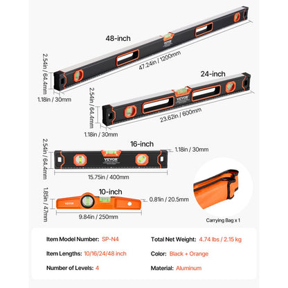 VEVOR 4-Piece Torpedo Level Aluminum Alloy 1200/600/400/250 mm with Bubble Vials