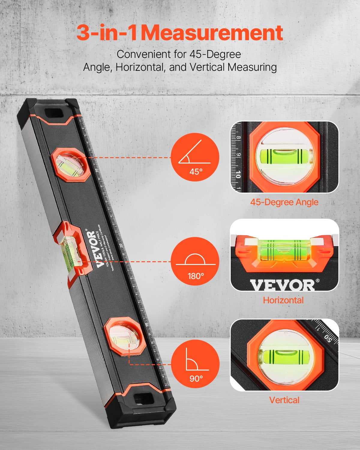 VEVOR Magnetic Torpedo Level 4 PCS 1200/600/400/250 mm Leveler with Bubble Vials