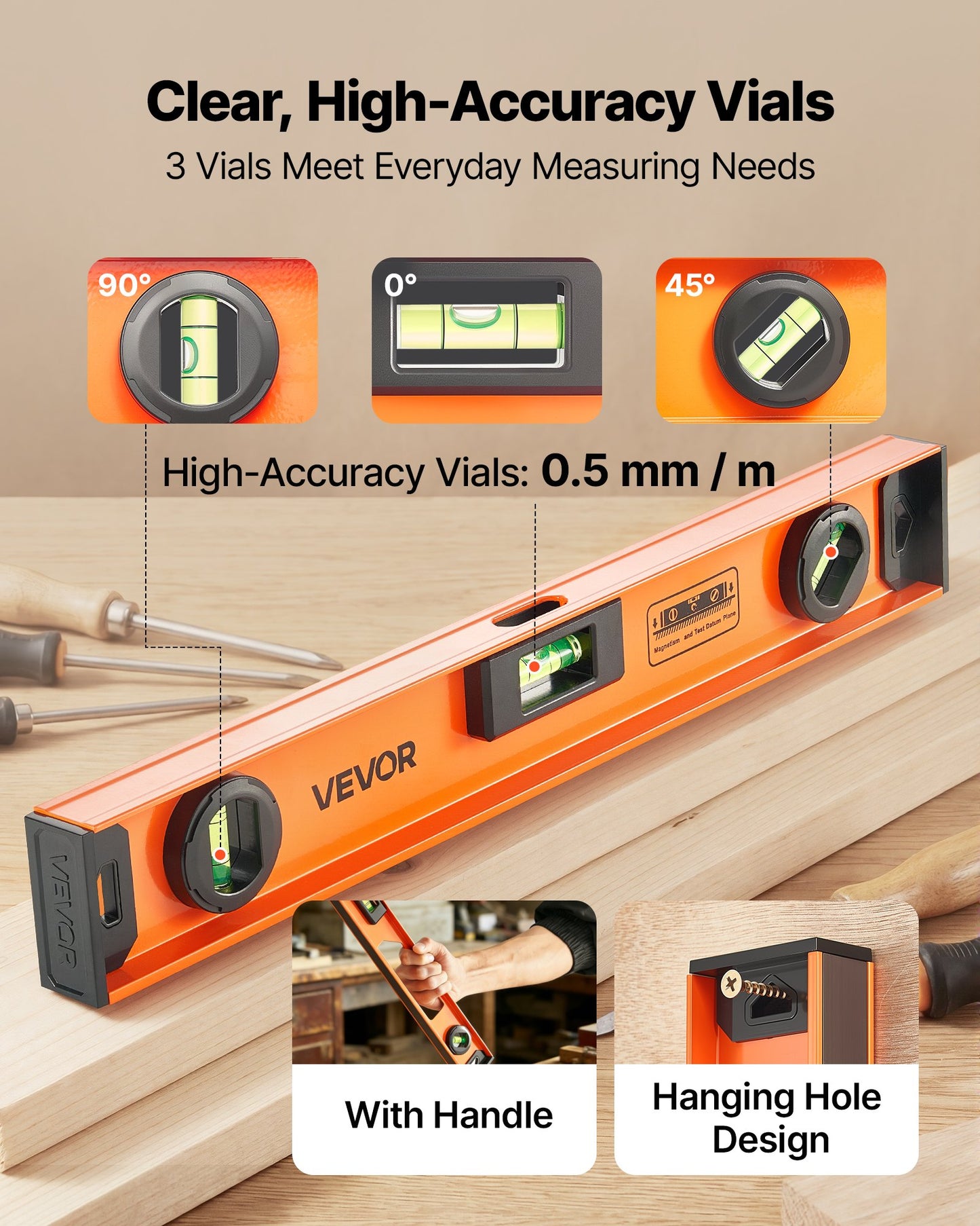 Magnetic Level Set, 4-Piece (400/600/900/1200 mm), Aluminum Alloy I-Beam Bubble Leveler with Clear 3 Green Vials & Hanging Hole, Level Tool Ideal for Hanging Pictures, Home Improvement & DIY