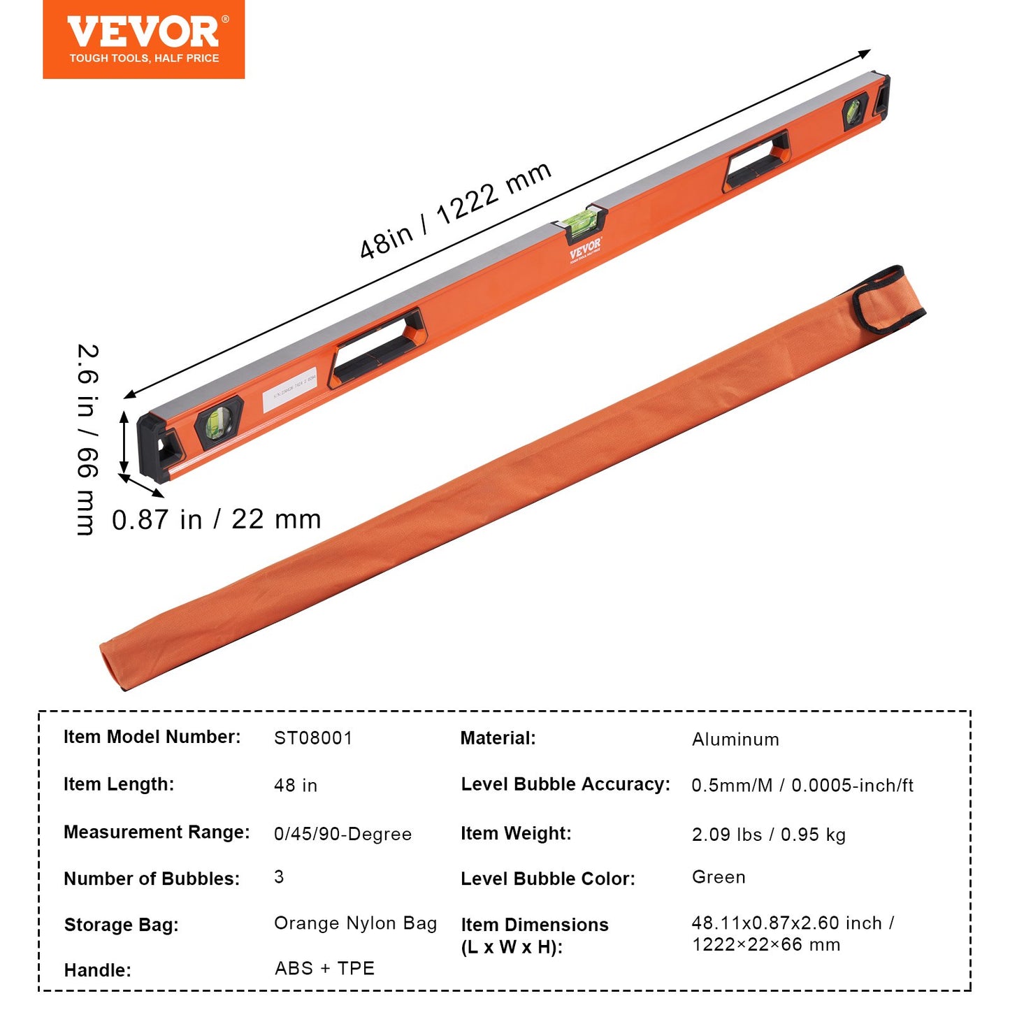 VEVOR Magnetic Torpedo Level, 48 in, Mechanical Bubble Vials Ruler for 45/90/180