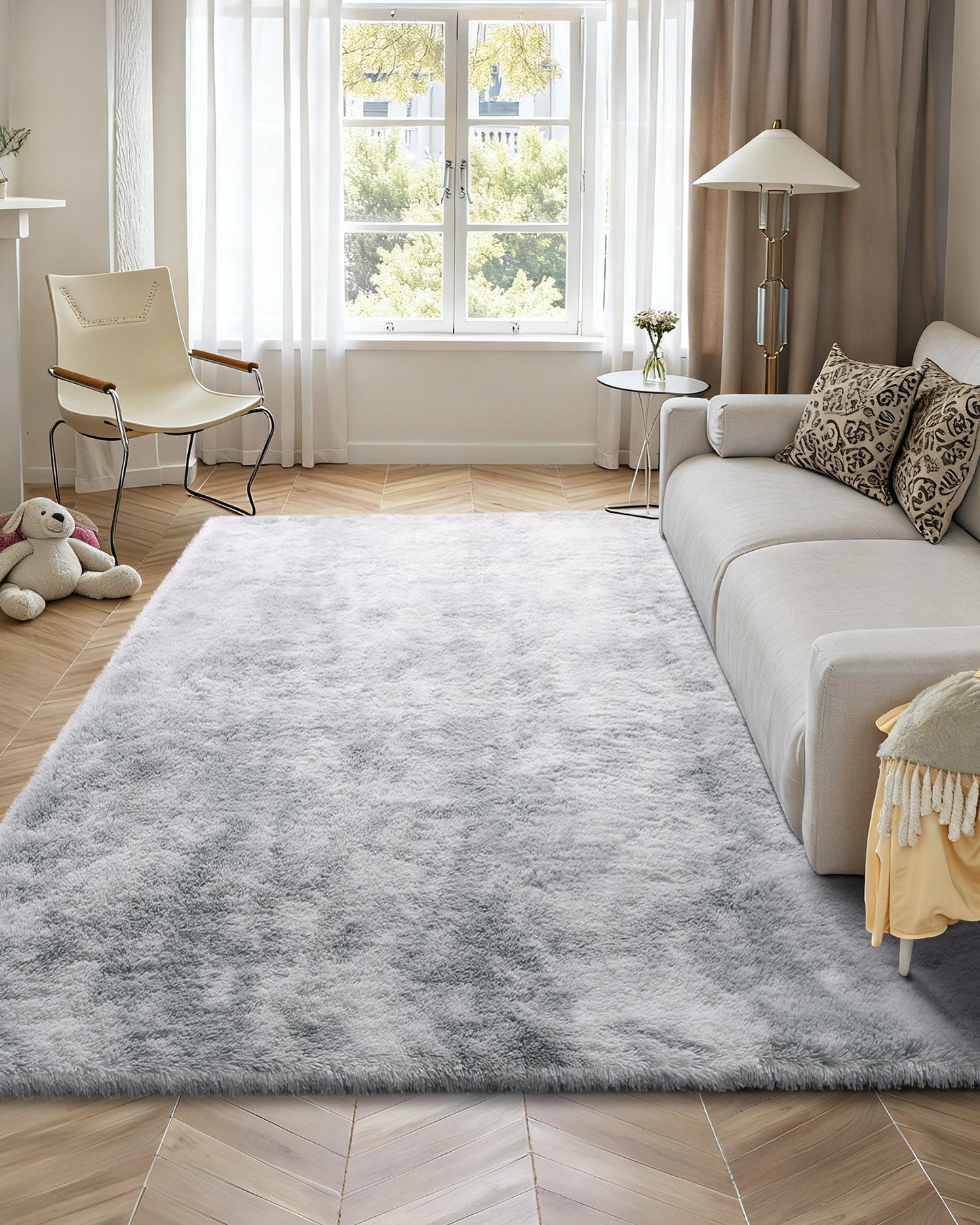 Indoor Plush Area Rugs, 2.74 x 3.66m Soft Plush Carpet, Furry Shag Area Rugs for Living Room, Bedroom, Modern Home Decor Aesthetic Long-Pile Rug, Non-Shedding, Slip-Resistant, Tie-Dye Light Gray
