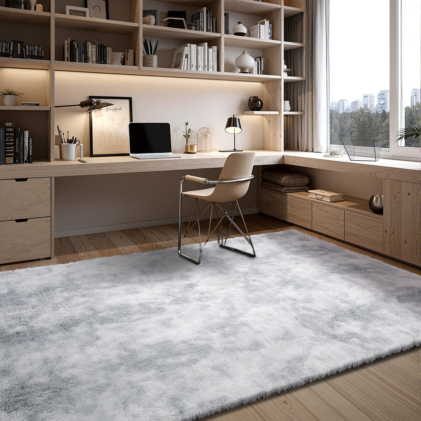 Indoor Plush Area Rugs, 2.74 x 3.66m Soft Plush Carpet, Furry Shag Area Rugs for Living Room, Bedroom, Modern Home Decor Aesthetic Long-Pile Rug, Non-Shedding, Slip-Resistant, Tie-Dye Light Gray