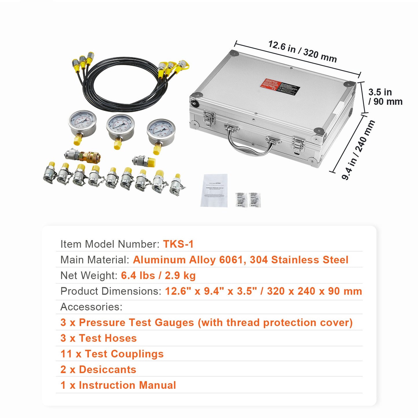 VEVOR Hydraulic Pressure Test Kit, 250/400/600bar, 3 Gauges 11 Test Couplings 3