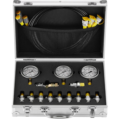 Hydraulic Pressure Test Kit with 3 Gauges & 11 Couplings for Excavators