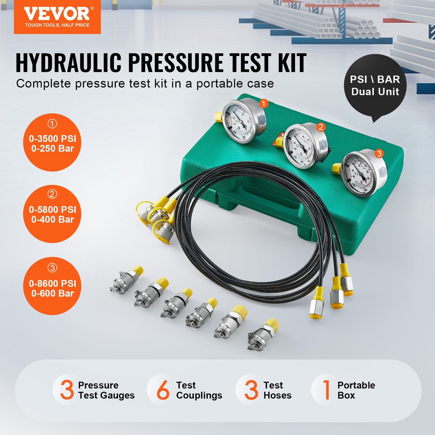 VEVOR Hydraulic Pressure Test Kit, 250/400/600bar, 3 Gauges 6 Test Couplings 3 Test