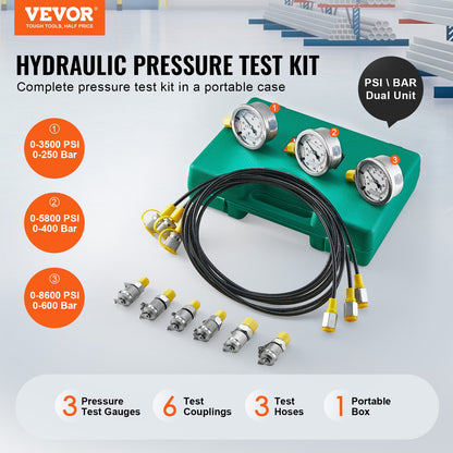 VEVOR Hydraulic Pressure Test Kit, 250/400/600bar, 3 Gauges 6 Test Couplings 3 Test