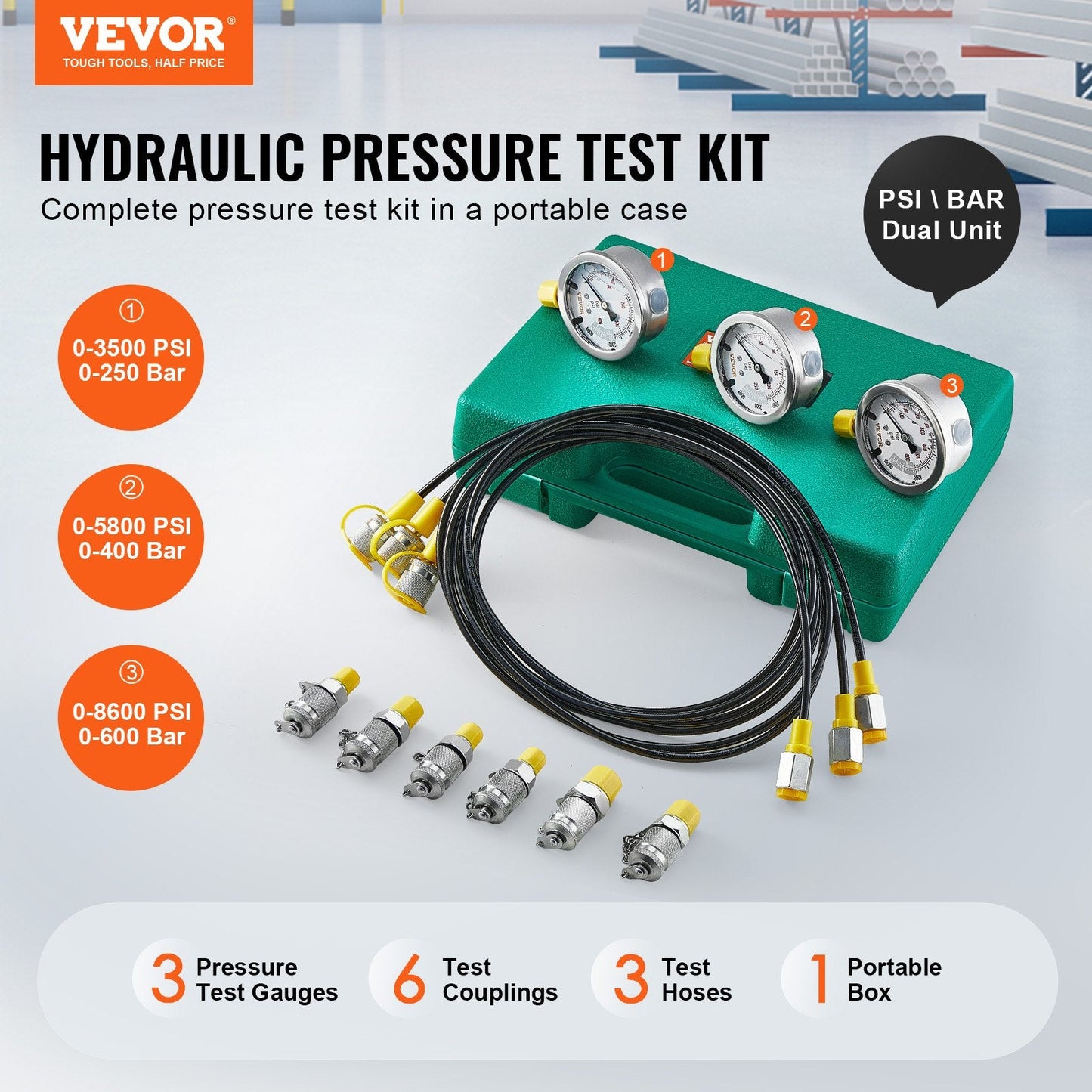 Hydraulic Test Kit with 3 Gauges & 6 Couplings, 250/400/600 Bar, 1.6 m Hoses