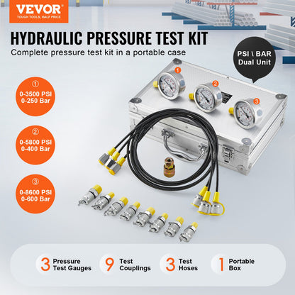 VEVOR Hydraulic Pressure Test Kit, 250/400/600bar, 3 Gauges 9 Test Couplings 3 Test