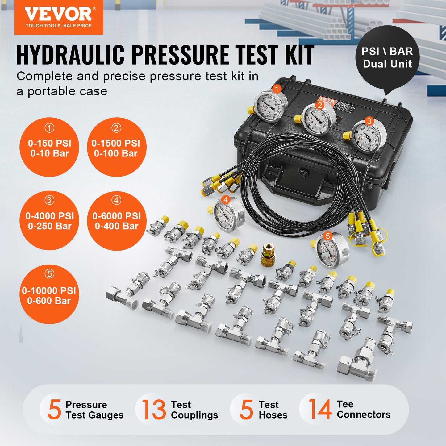 Hydraulic Pressure Test Kit: 5 Gauges, 13 Couplings, 1.6 m Hoses, 600 Bar
