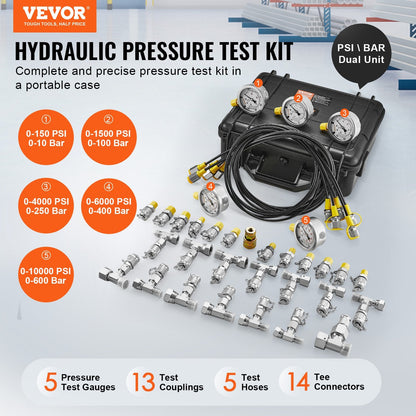 Hydraulic Pressure Test Kit: 5 Gauges, 13 Couplings, 1.6 m Hoses, 600 Bar
