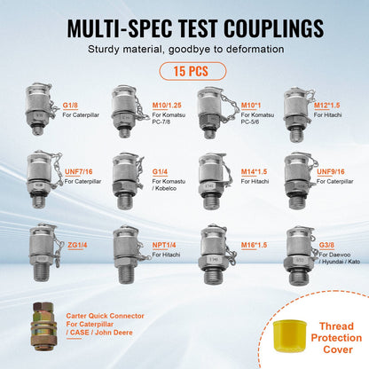 Hydraulic Pressure Test Kit: 5 Gauges, 13 Couplings, 1.6 m Hoses, 600 Bar