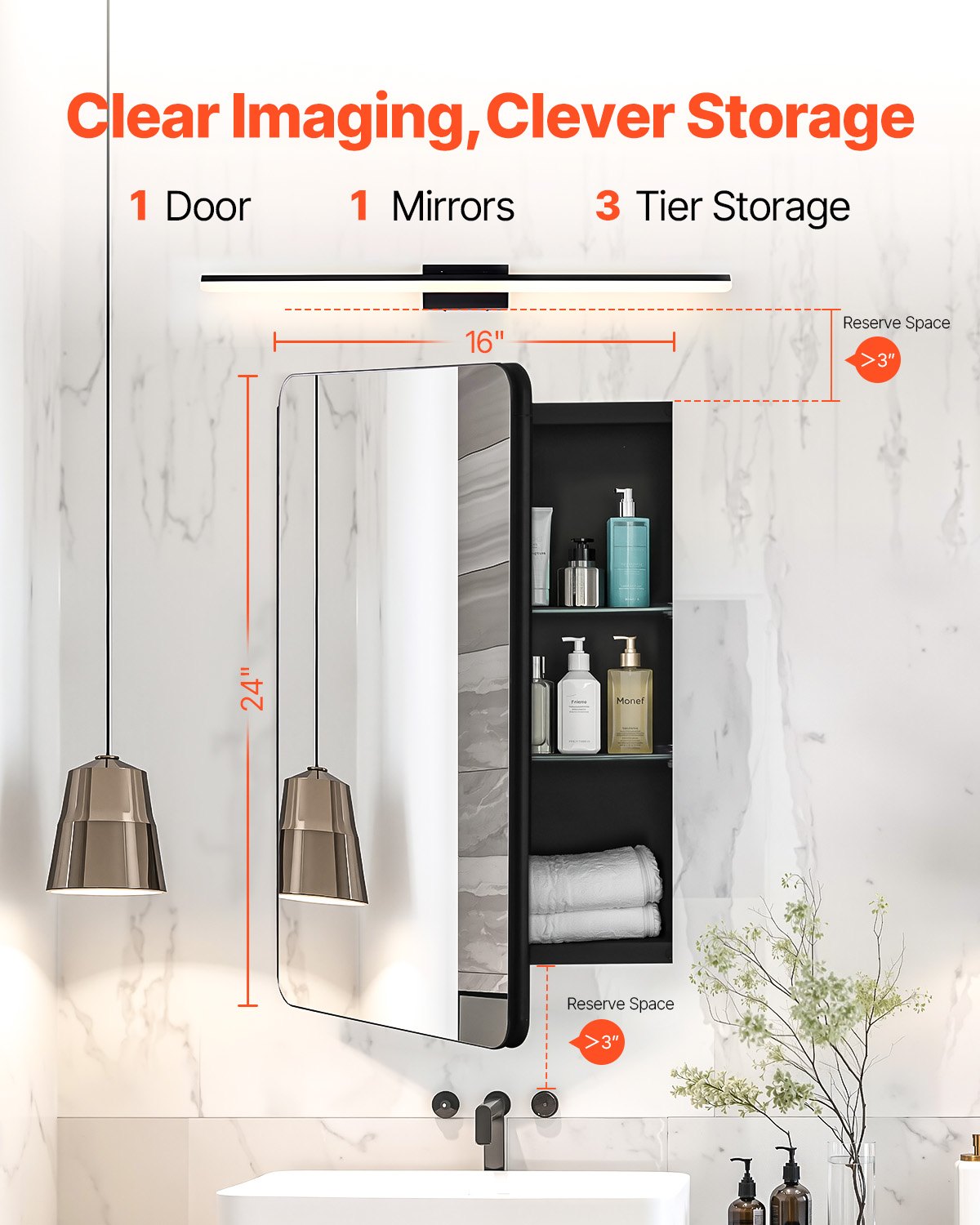 VEVOR Medicine Cabinet 16" x 24" Mirror Medicine Cabinet Adjustable Shelves