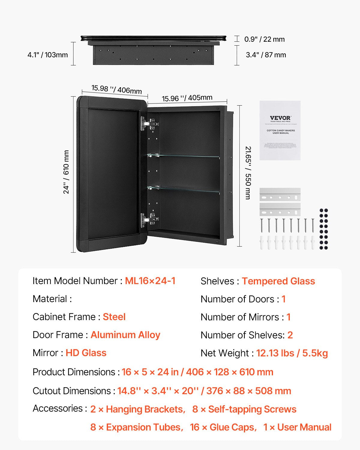 VEVOR Medicine Cabinet 16" x 24" Mirror Medicine Cabinet Adjustable Shelves
