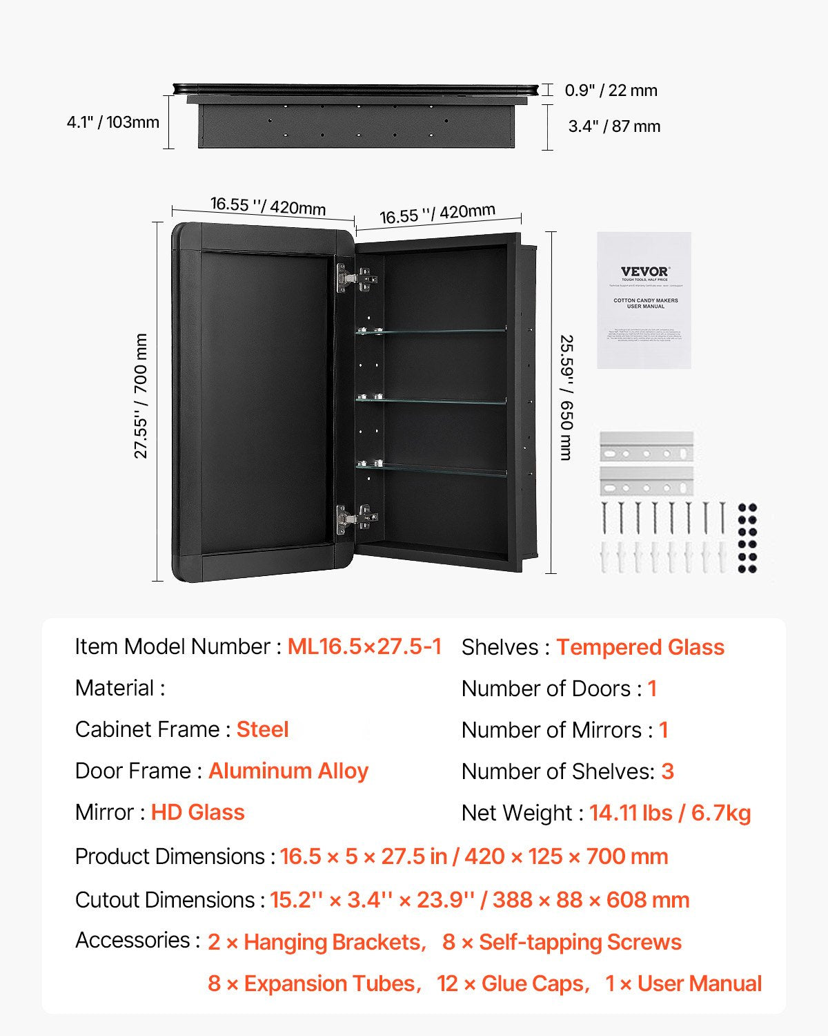 VEVOR Medicine Cabinet 16.5" x 27.5" Mirror Medicine Cabinet Adjustable Shelves