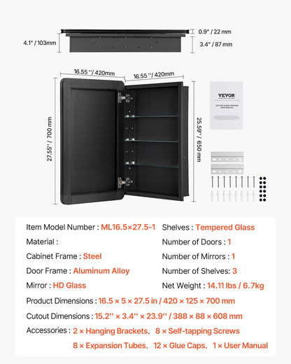 VEVOR Medicine Cabinet 16.5" x 27.5" Mirror Medicine Cabinet Adjustable Shelves