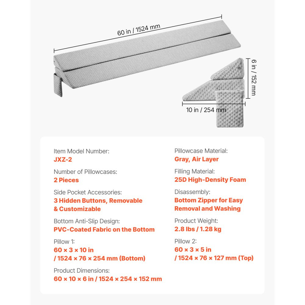 VEVOR Bed Wedge Pillow for Headboard 1524x245x152mm Bed Gap Filler for 178mm Gap