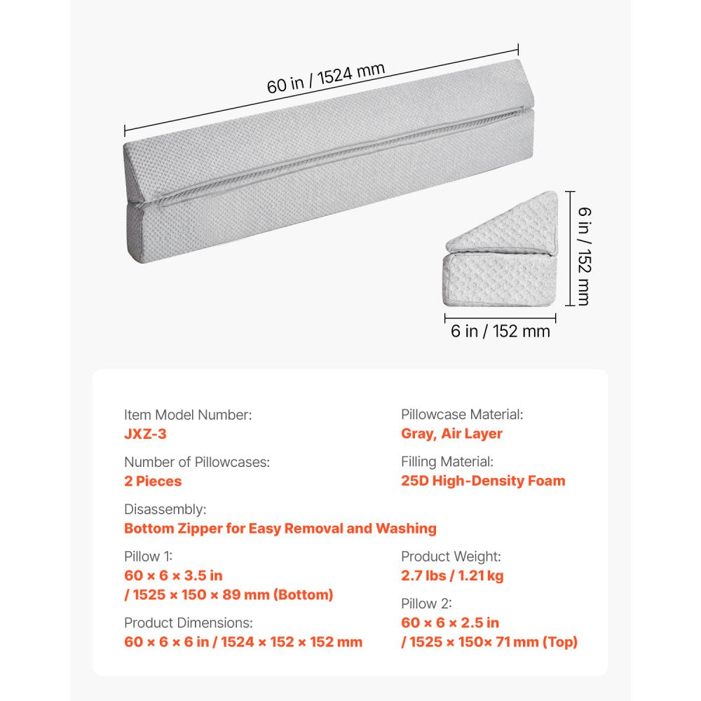 VEVOR Bed Wedge Pillow for Headboard 1525x152x152mm Bed Gap Filler for 178mm Gap