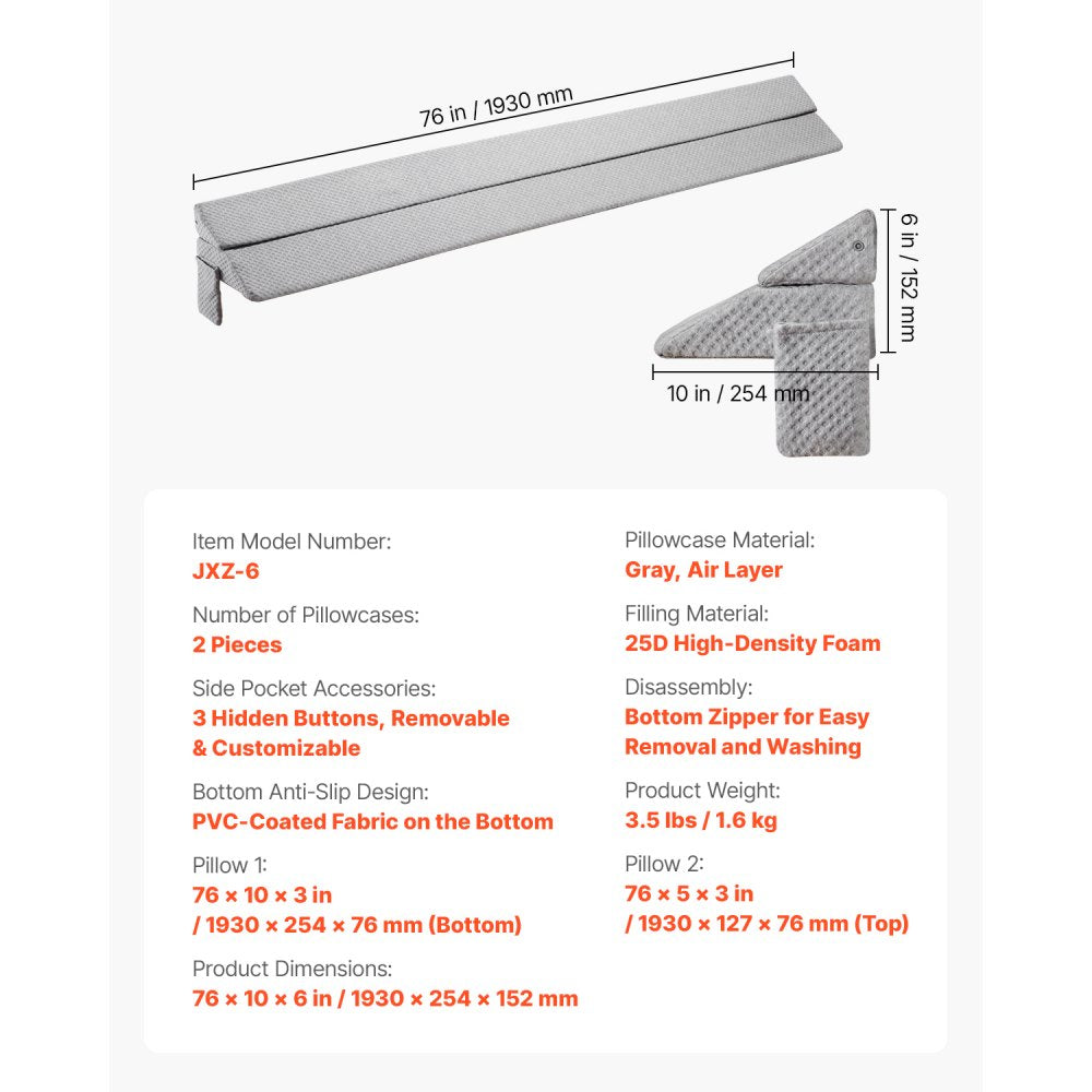 VEVOR Bed Wedge Pillow for Headboard 1930x255x152mm Bed Gap Filler for 178mm Gap