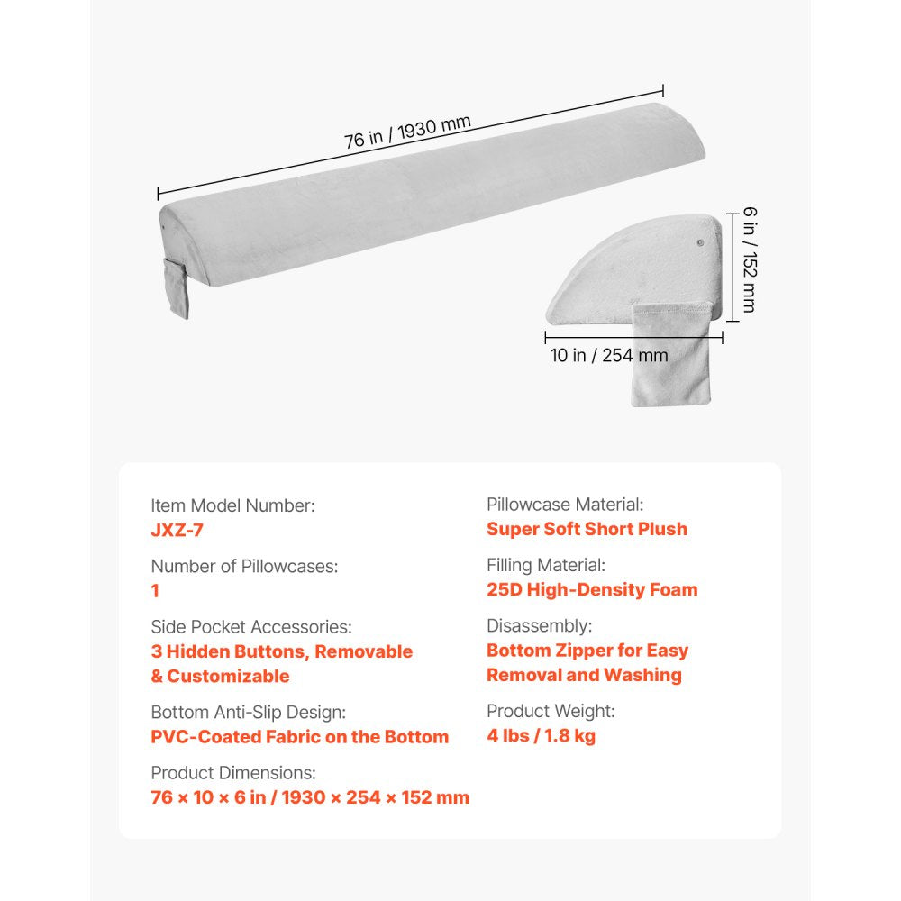 VEVOR Bed Wedge Pillow 1930x255x152mm Plush Bed Gap Filler Headboard 178mm Gap