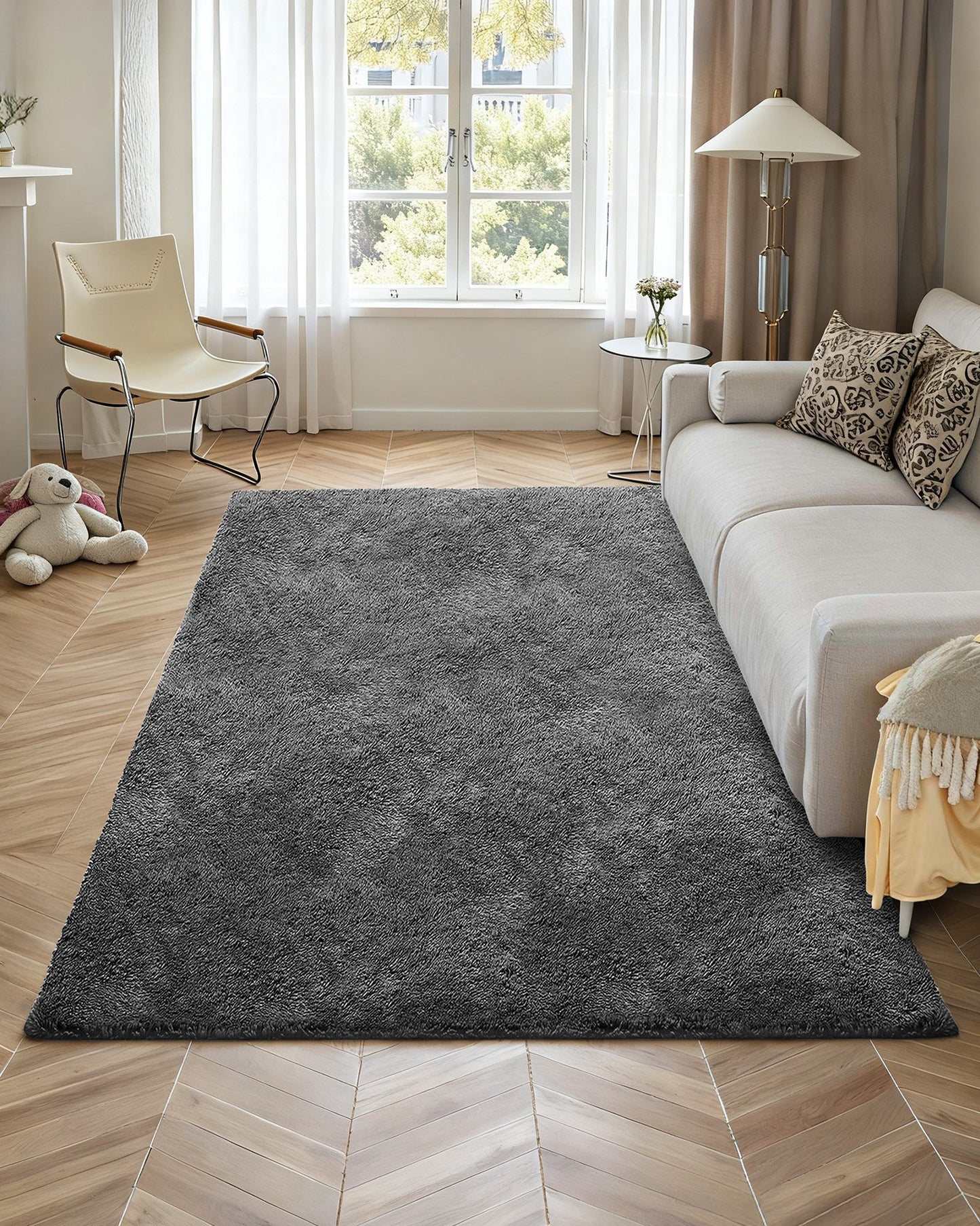 Indoor Plush Area Rugs, 1.52 x 2.44 m Soft Plush Carpet, Furry Shag Area Rugs for Living Room, Bedroom, Sunroom, Modern Home Decor Aesthetic, Non-Shedding, Non-Woven, Slip-Resistant, Dark Gray