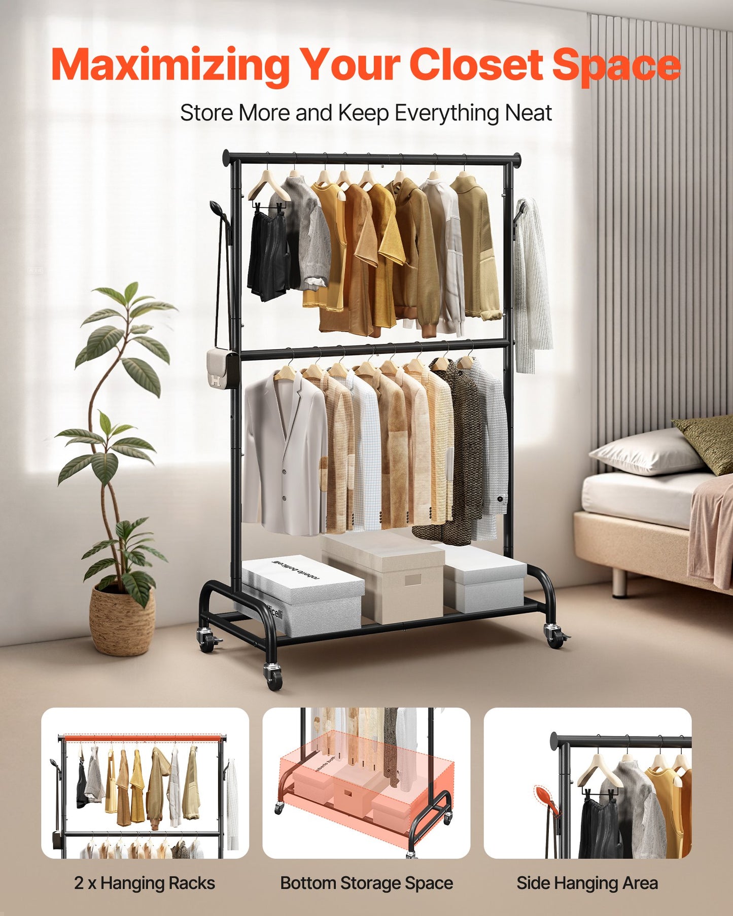 Clothes Rack, Rolling Clothing Garment Rack with Adjustable Crossbar and Side Hooks, 68 kg Load Capacity, Heavy Duty Carbon Steel Clothing Racks with Wheels for Bedroom, Laundry, Living Room