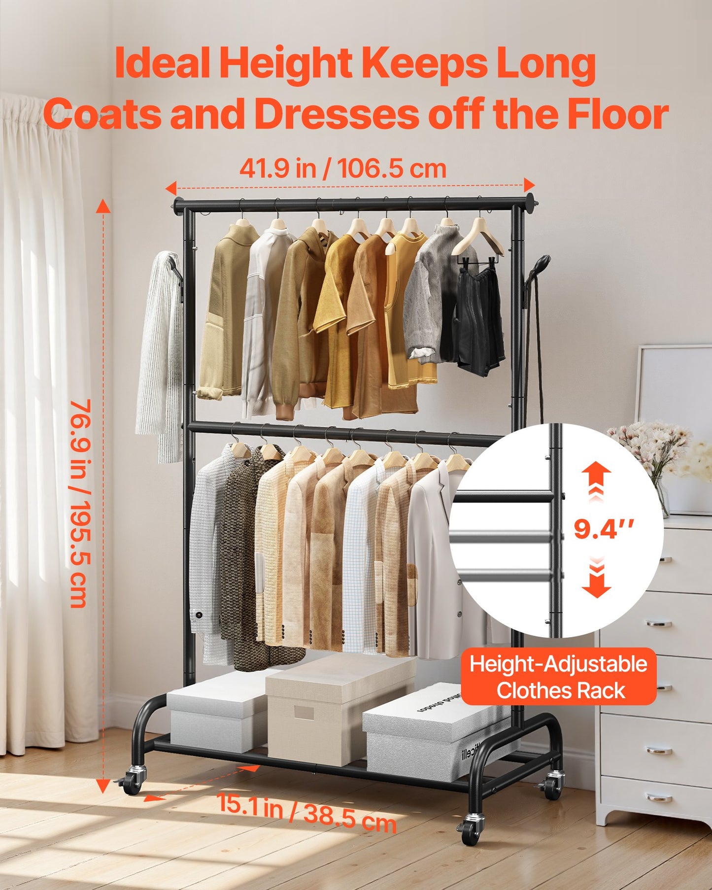 Clothes Rack, Rolling Clothing Garment Rack with Adjustable Crossbar and Side Hooks, 68 kg Load Capacity, Heavy Duty Carbon Steel Clothing Racks with Wheels for Bedroom, Laundry, Living Room