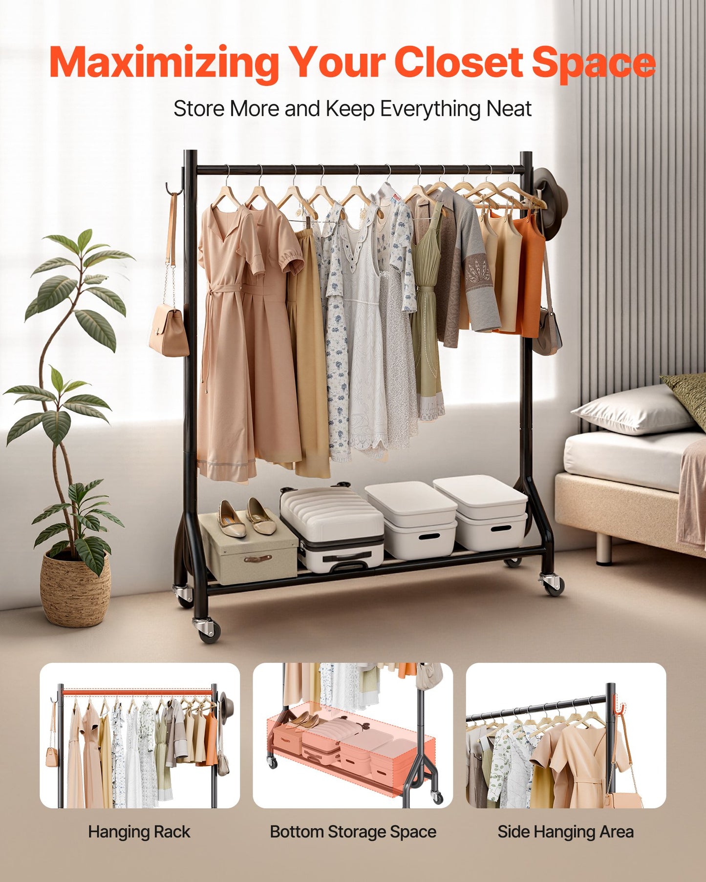 Clothes Rack, Rolling Clothing Garment Rack with Hanging Rod and Side Hooks, 90 kg Load Capacity, Heavy Duty Carbon Steel Clothing Racks with Wheels, Ideal for Bedroom, Laundry, Living Room