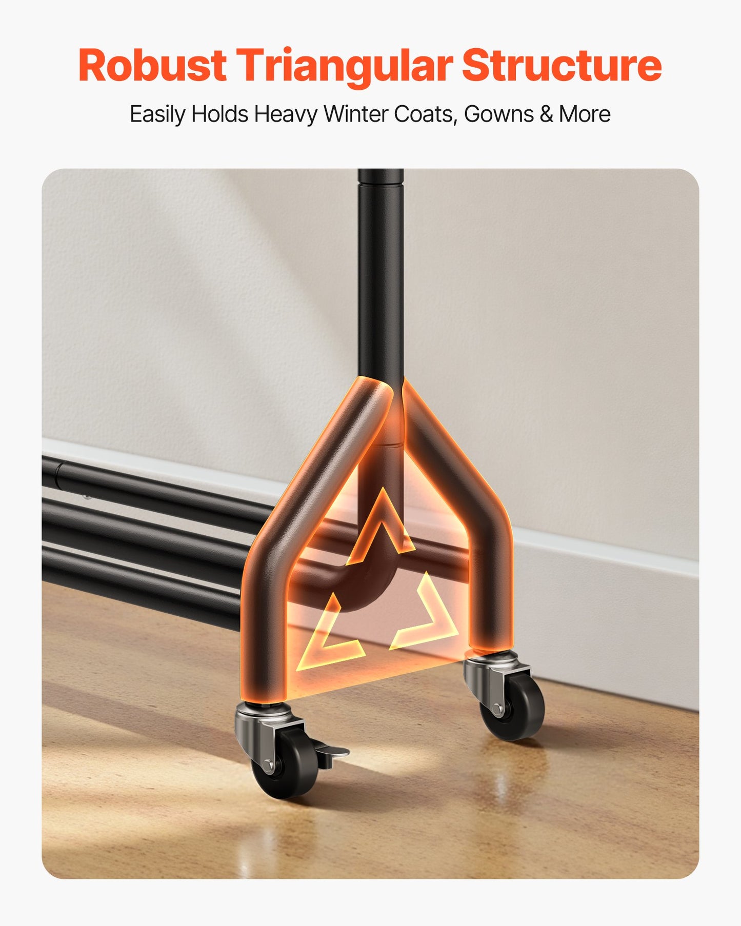 Clothes Rack, Rolling Clothing Garment Rack with Hanging Rod and Side Hooks, 90 kg Load Capacity, Heavy Duty Carbon Steel Clothing Racks with Wheels, Ideal for Bedroom, Laundry, Living Room