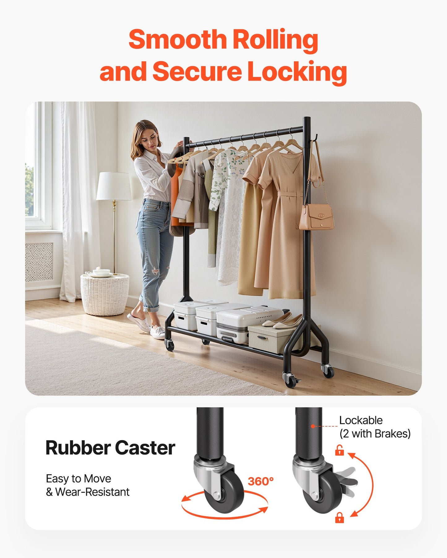 Clothes Rack, Rolling Clothing Garment Rack with Hanging Rod and Side Hooks, 90 kg Load Capacity, Heavy Duty Carbon Steel Clothing Racks with Wheels, Ideal for Bedroom, Laundry, Living Room