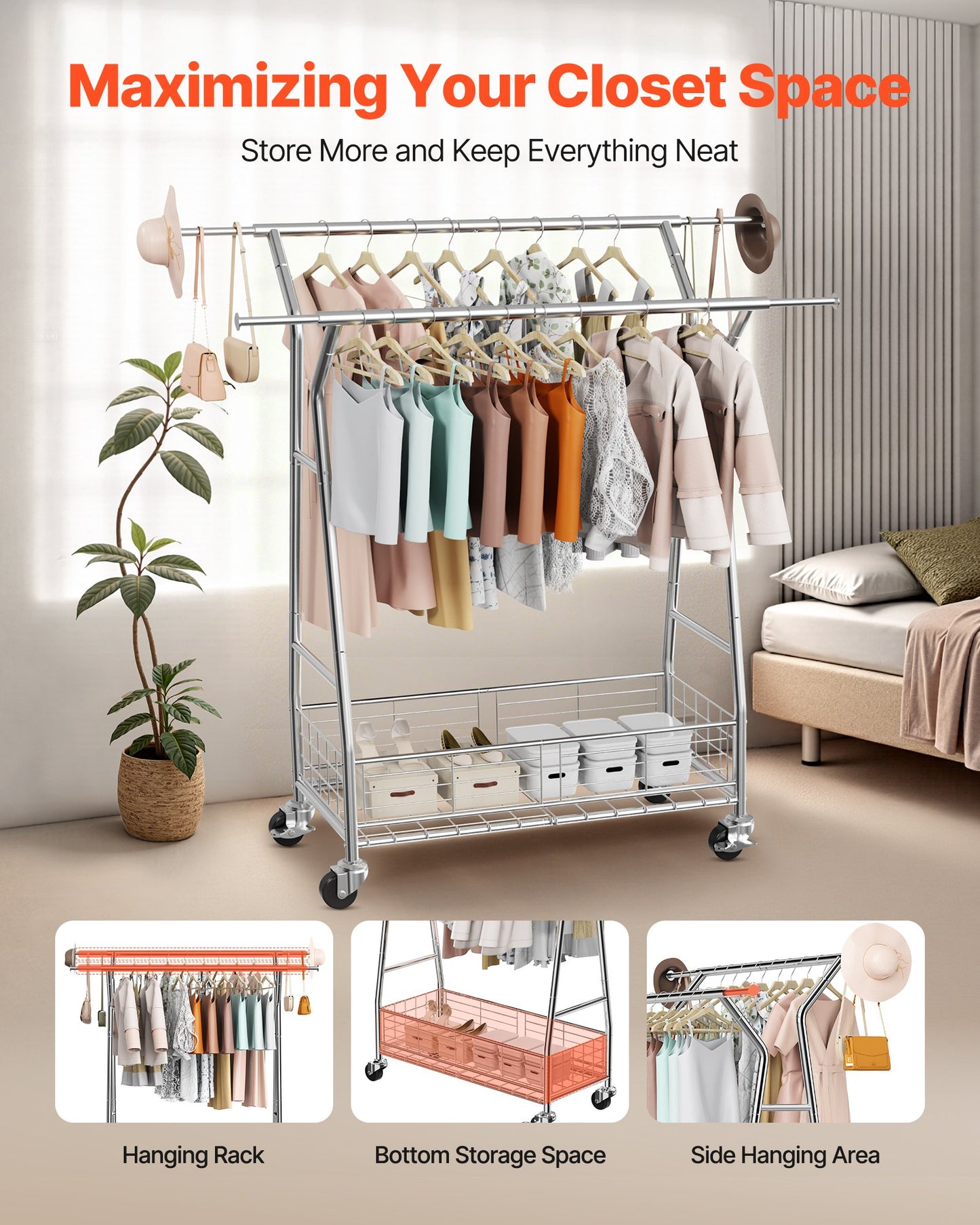 Clothes Rack, Rolling Clothing Garment Rack with 2 Hanging Rods and Storage Basket, 150 kg Load Capacity, Extendable Carbon Steel Clothing Racks with Wheels for Bedroom, Laundry, Living Room