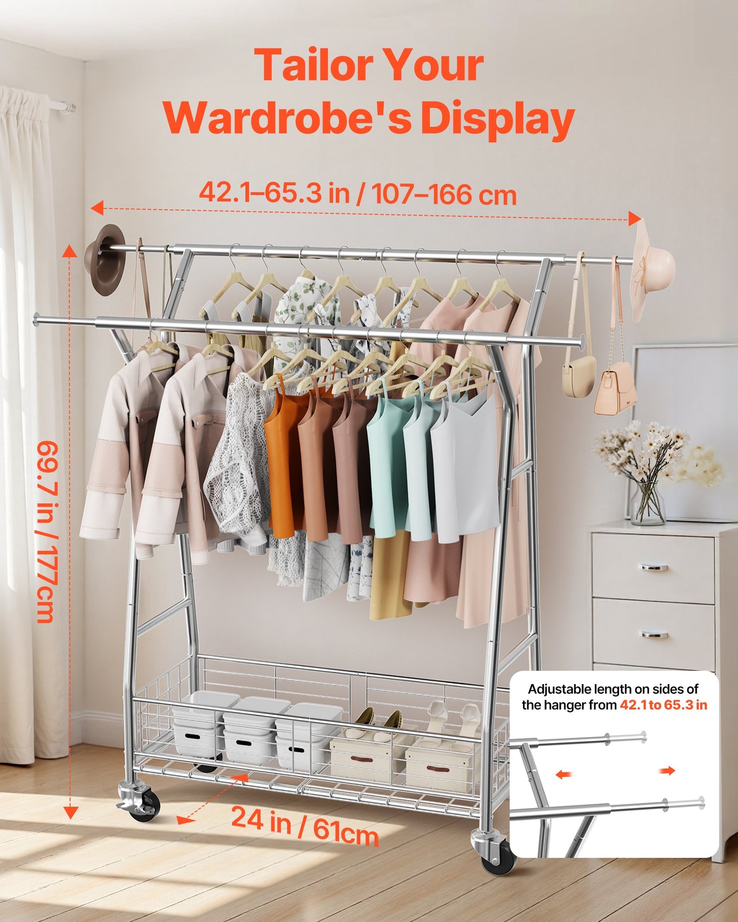 Clothes Rack, Rolling Clothing Garment Rack with 2 Hanging Rods and Storage Basket, 150 kg Load Capacity, Extendable Carbon Steel Clothing Racks with Wheels for Bedroom, Laundry, Living Room