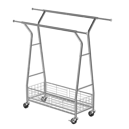 Clothes Rack, Rolling Clothing Garment Rack with 2 Hanging Rods and Storage Basket, 150 kg Load Capacity, Extendable Carbon Steel Clothing Racks with Wheels for Bedroom, Laundry, Living Room