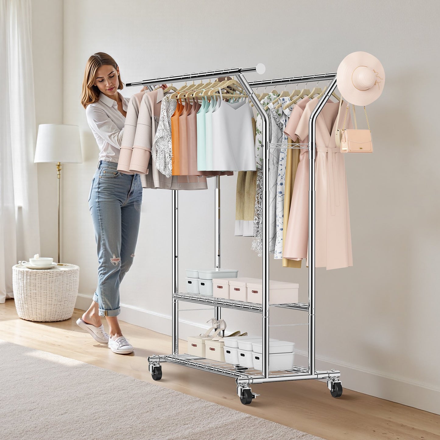 Clothes Rack, Rolling Clothing Garment Rack with 2 Hanging Rods and 2 Storage Shelves, 120 kg Load Capacity, Adjustable Height Carbon Steel Clothing Racks for Bedroom, Laundry, Living Room