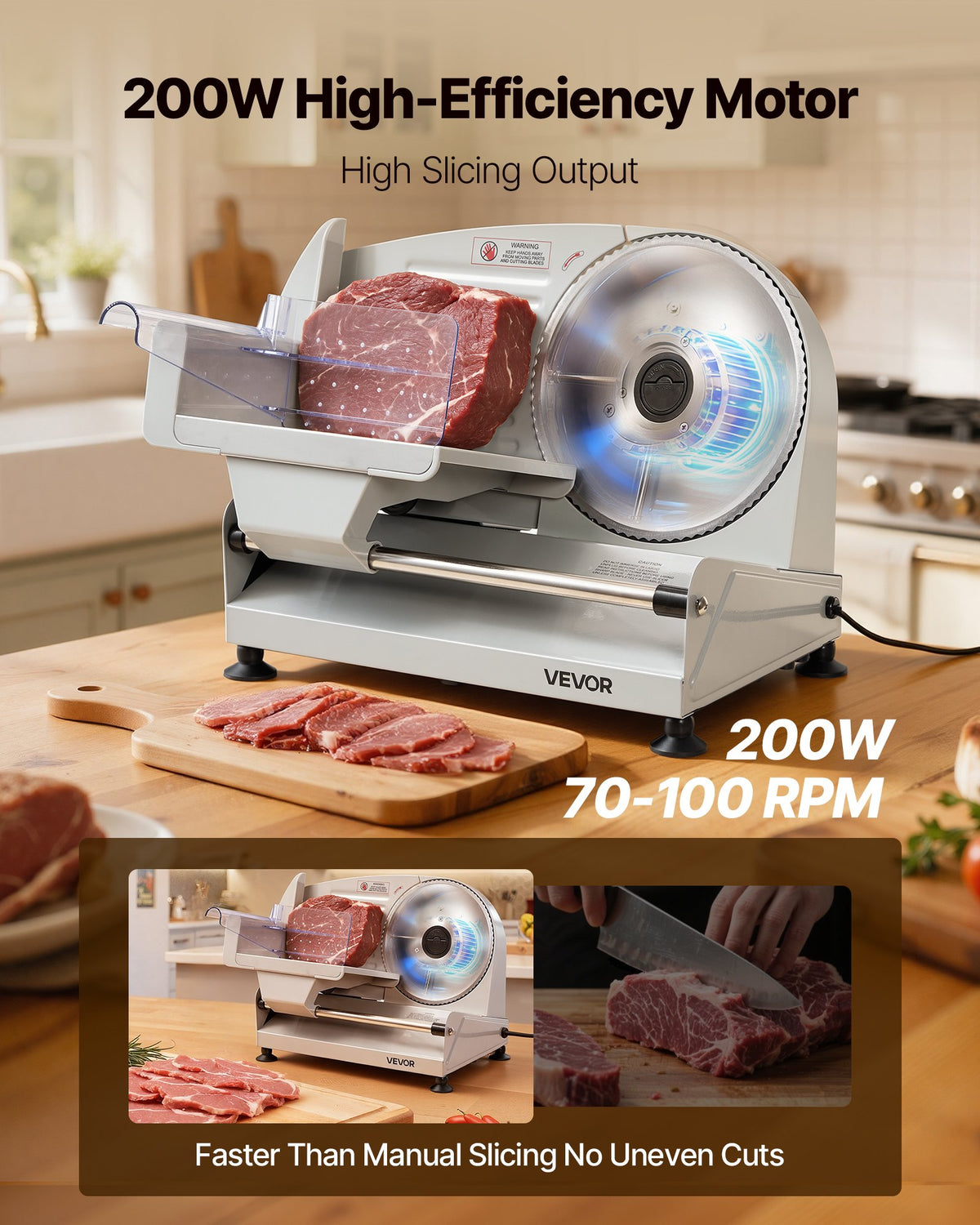 Meat Slicer, Electric Deli Slicer with 190mm SUS420 Blade & 0-15mm Adjustable Thickness, 200W Home Food-Slicer for Frozen Meat, Ham, Baguett, Steak