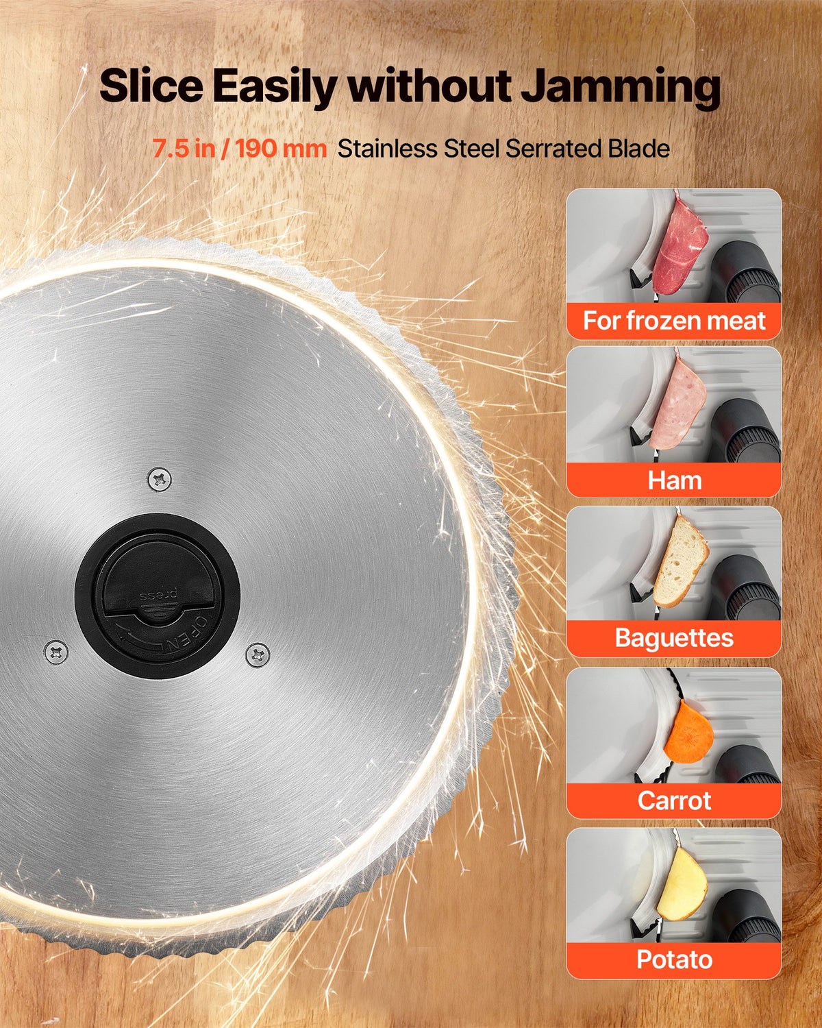 Meat Slicer, Electric Deli Slicer with 190mm SUS420 Blade & 0-15mm Adjustable Thickness, 200W Home Food-Slicer for Frozen Meat, Ham, Baguett, Steak