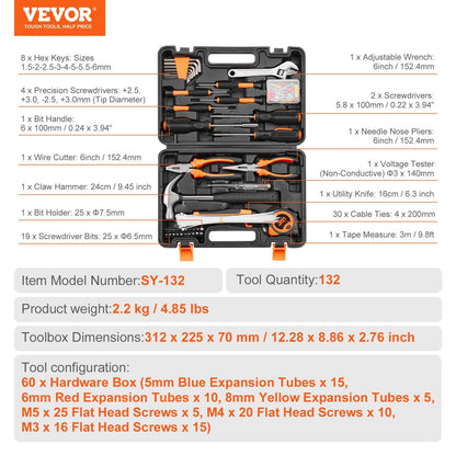 132-Piece Household Hand Tool Set with Portable Case, High-Quality Steel