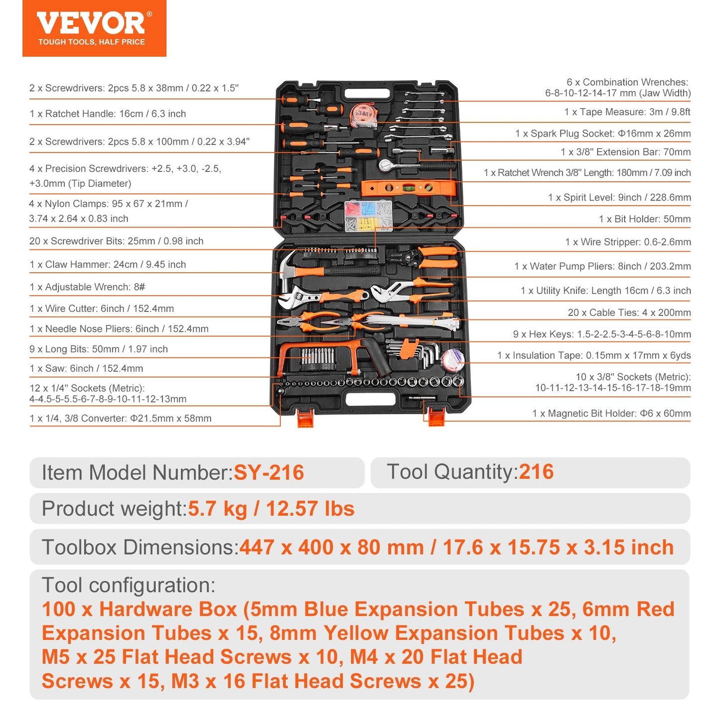 216-Piece Household Hand Tool Set with Portable Case, High-Quality Steel, 5.7 kg